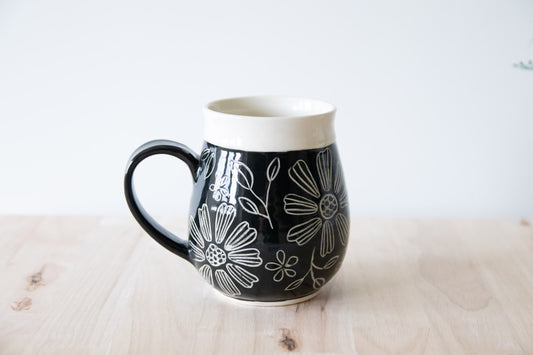 Black Carved Floral Mug